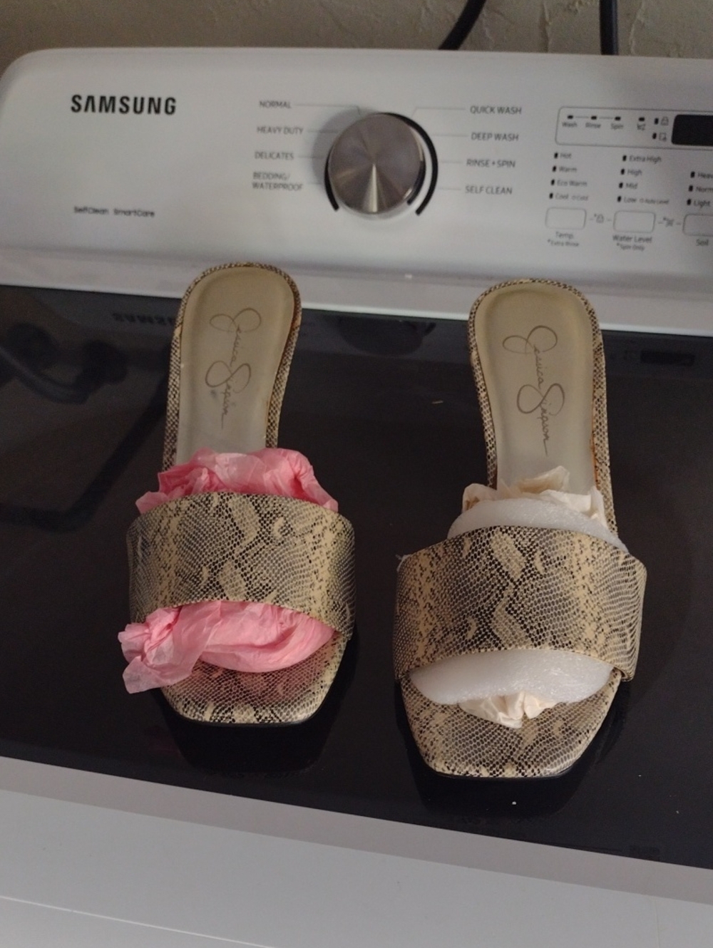 Jessica Simpson Gold Snake-Print Slide Sandals with Pink & White Accents